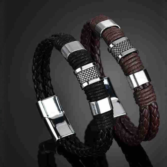 Men's Weaving Leather Stainless Steel Magnetic Buckle Bracelet