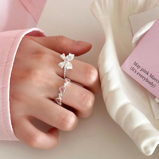 Sier Bow Pink Diamond Special Interest Light Luxury Girly Rings
