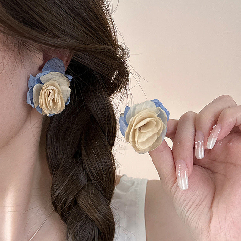 Fabric Flower Fresh Design Contrast Color Earrings