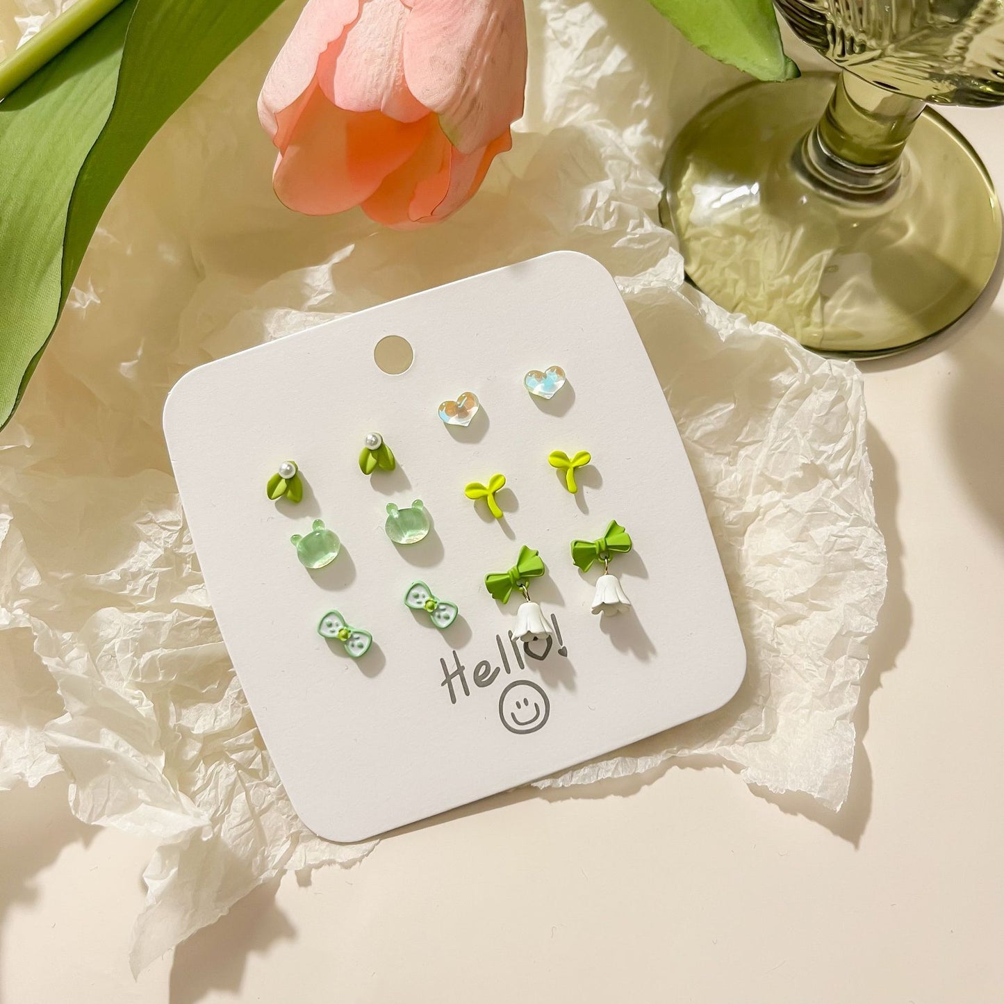 Sier Needle Summer Suit Fresh Green Sweet Earrings