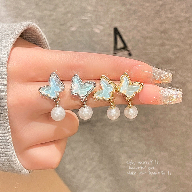 Women's Needle Blue Ocean Butterfly For Light Luxury Minority High-grade Pearl Stud Earrings