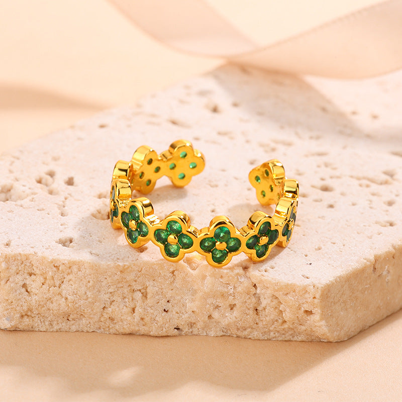 Luxury Copper Inlaid Color Diamond Clover Open Adjustable Elegant Ring