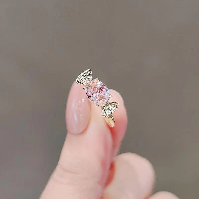 Cute Pink Candy Bow Female Light Luxury Minority Opening Adjustable Rings