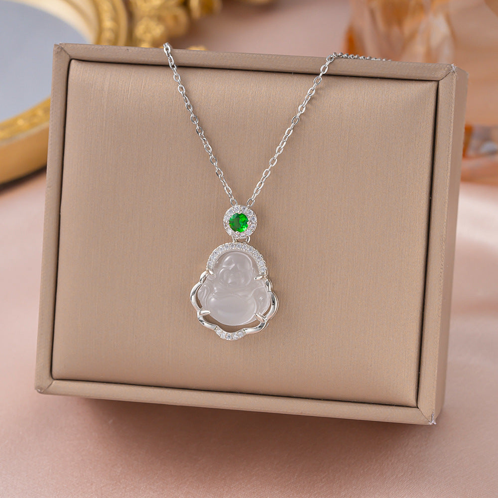Women's Imitation Chalcedony Leaves Exquisite Maitreya Buddha Big Necklaces