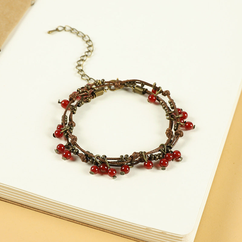 Braided Rope Retro Mori Style Cherry Female Artistic Ethnic Bracelet