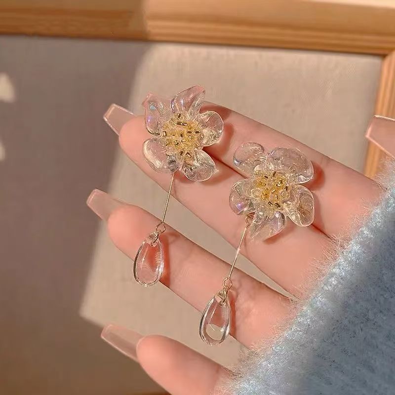 Women's Mori Style Transparent Flower Tassel Water Drop Earrings