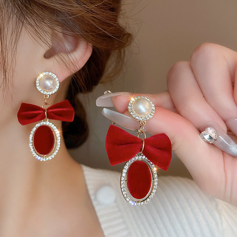 Red Bow Flower Light Luxury Christmas Earrings