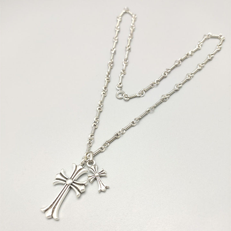 Sier Vintage Temperament Double Cross Couple Necklace