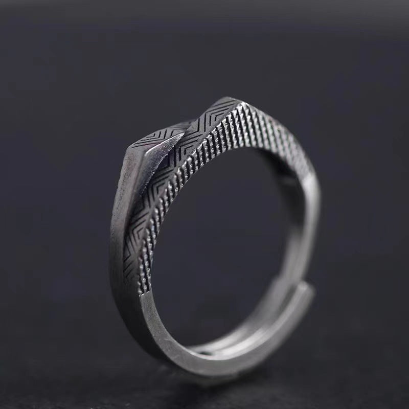 Chiba Thai Sier Retro Distressed Carved Mountain Geometric Open Ended Ring