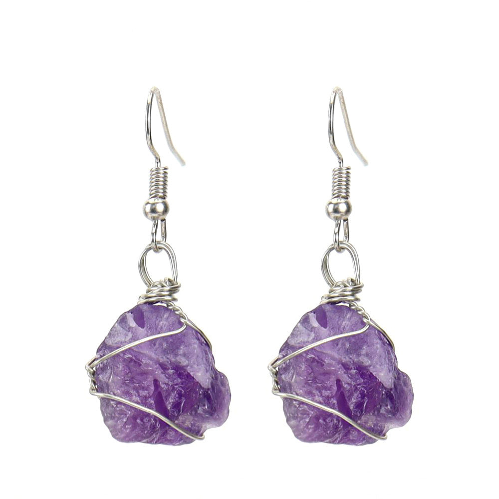 Women's Handmade Sier Winding Natural Stone Rough Crystal Agate Earrings