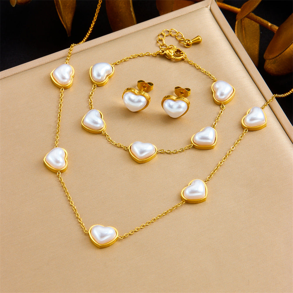 Exquisite Gold-plated Stainless Steel Love Pearl Flower Butterfly Jewelry Set