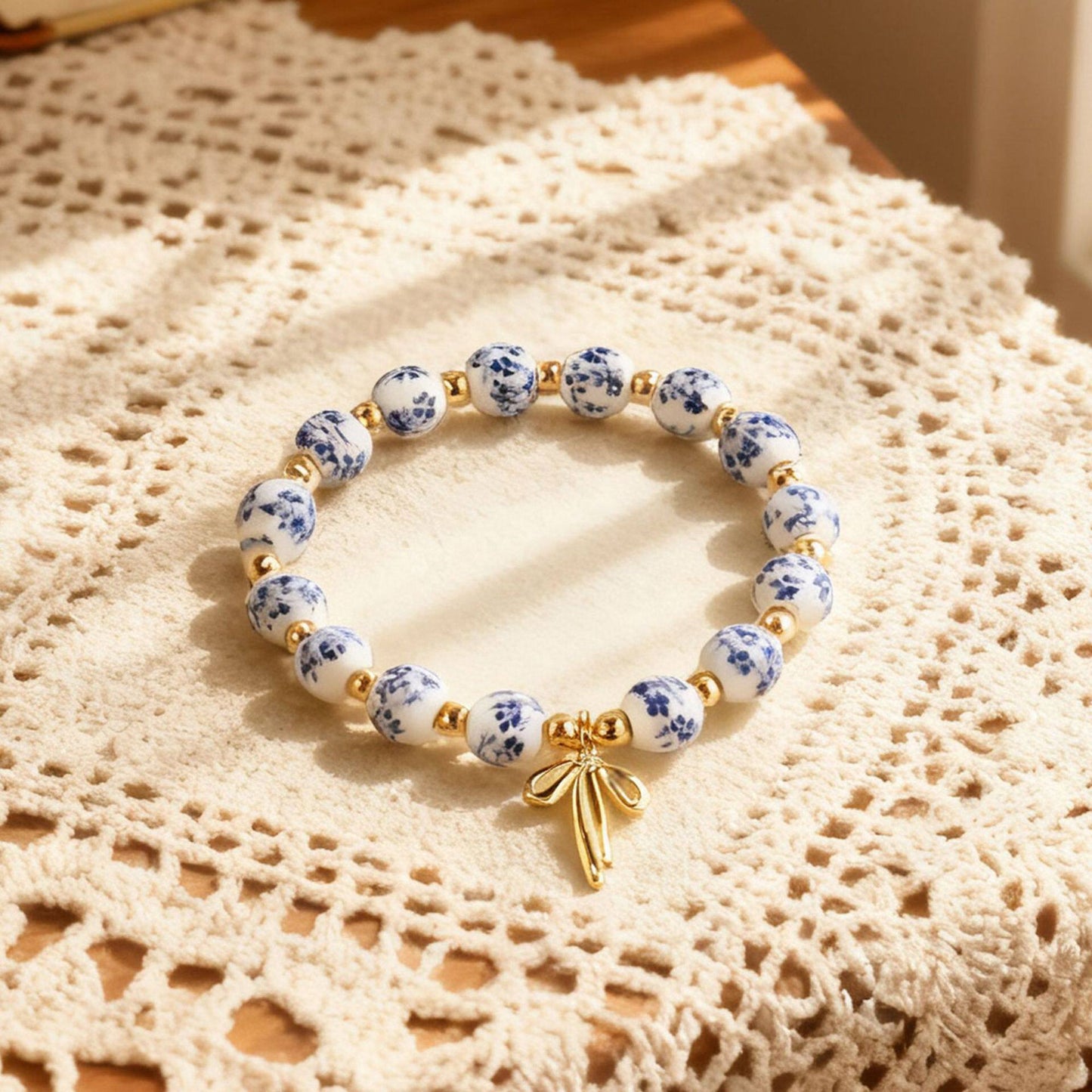 Ceramic Blue White Porcelain Cross Bow Bracelet