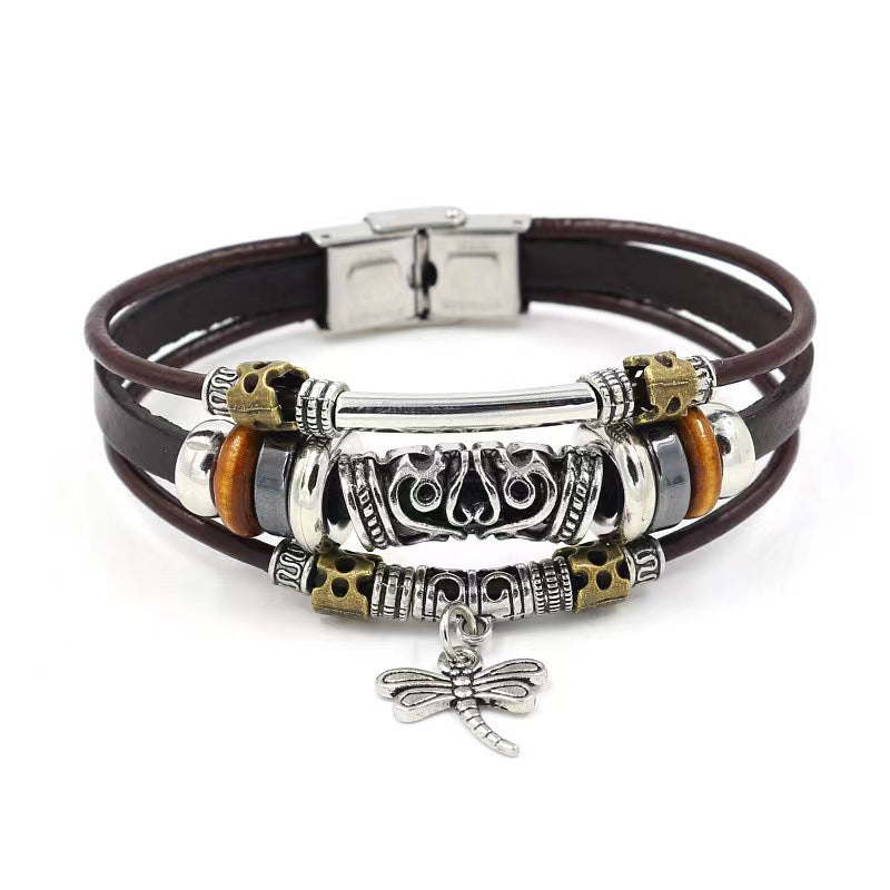 Men's Variety Of Cattle Leather Woven Gift Retro Stainless Steel Bracelet