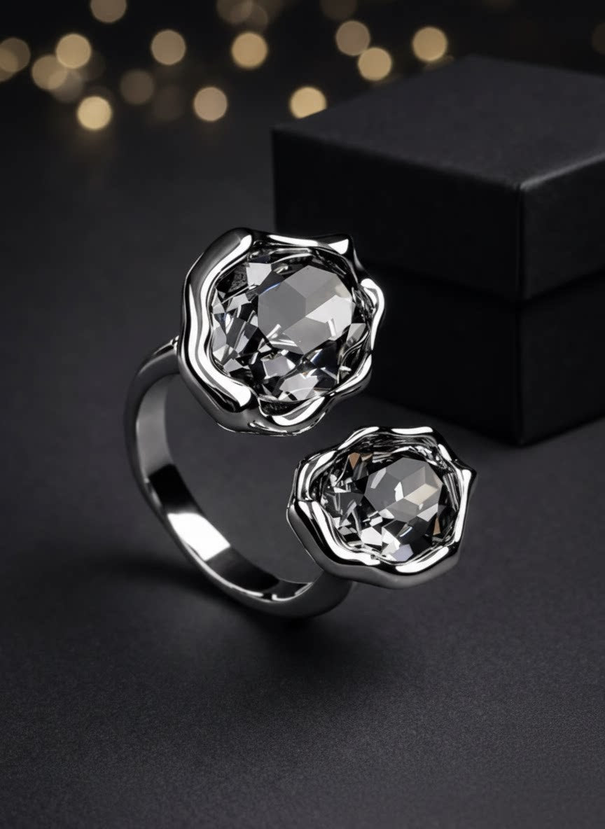 Cool Geometric Black Diamond Adjustable Female Personality Creative Opening Ring