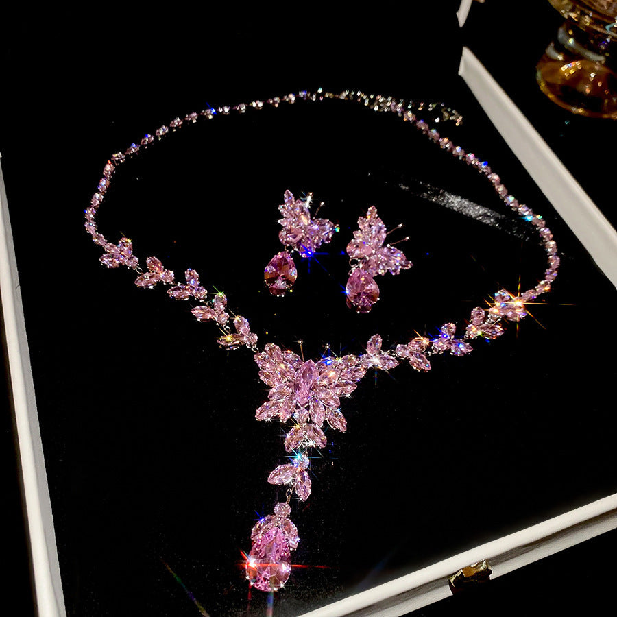 Style Gold Pink Zircon Sweet Elegant Graceful Light Luxury Jewelry Set