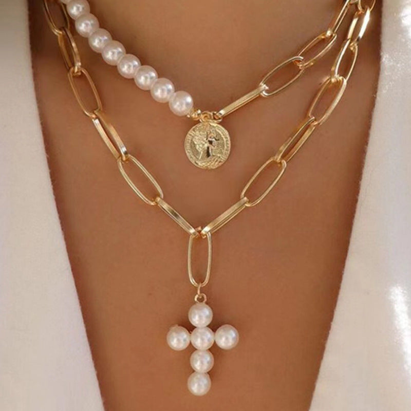 Cross Pearl Retro Style Seal Inlaid Necklaces