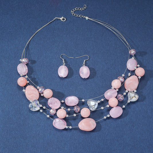 Women's Fashion Style Korean Love Pink Beaded Simple Graceful Jewelry Set