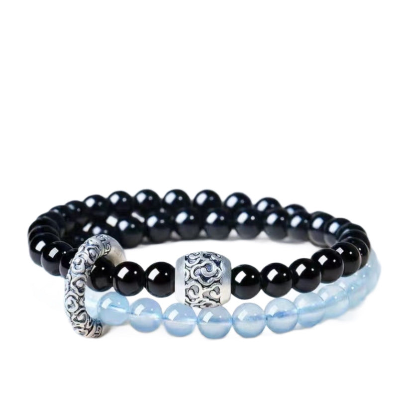 Women's & Men's Obsidian Aquamarine Double Crystal Lucky Beads Bracelets