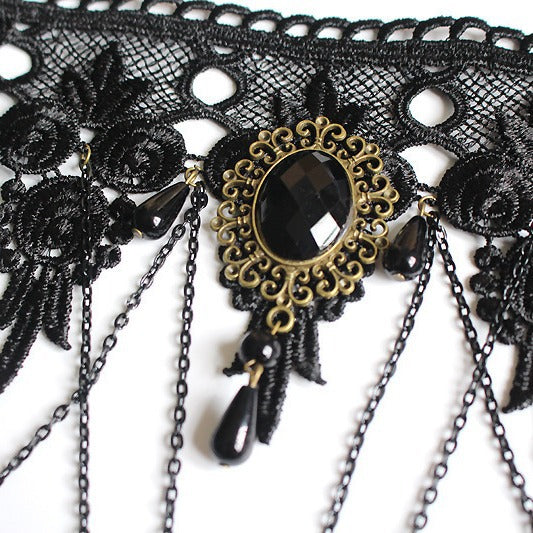 Lace Big Stone Wide Black Punk Necklaces