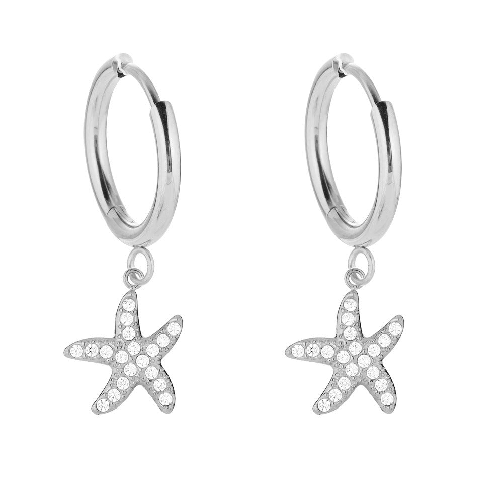 Fashion Stainless Steel Full Zircon Shell Starfish High Sense Refined Earrings