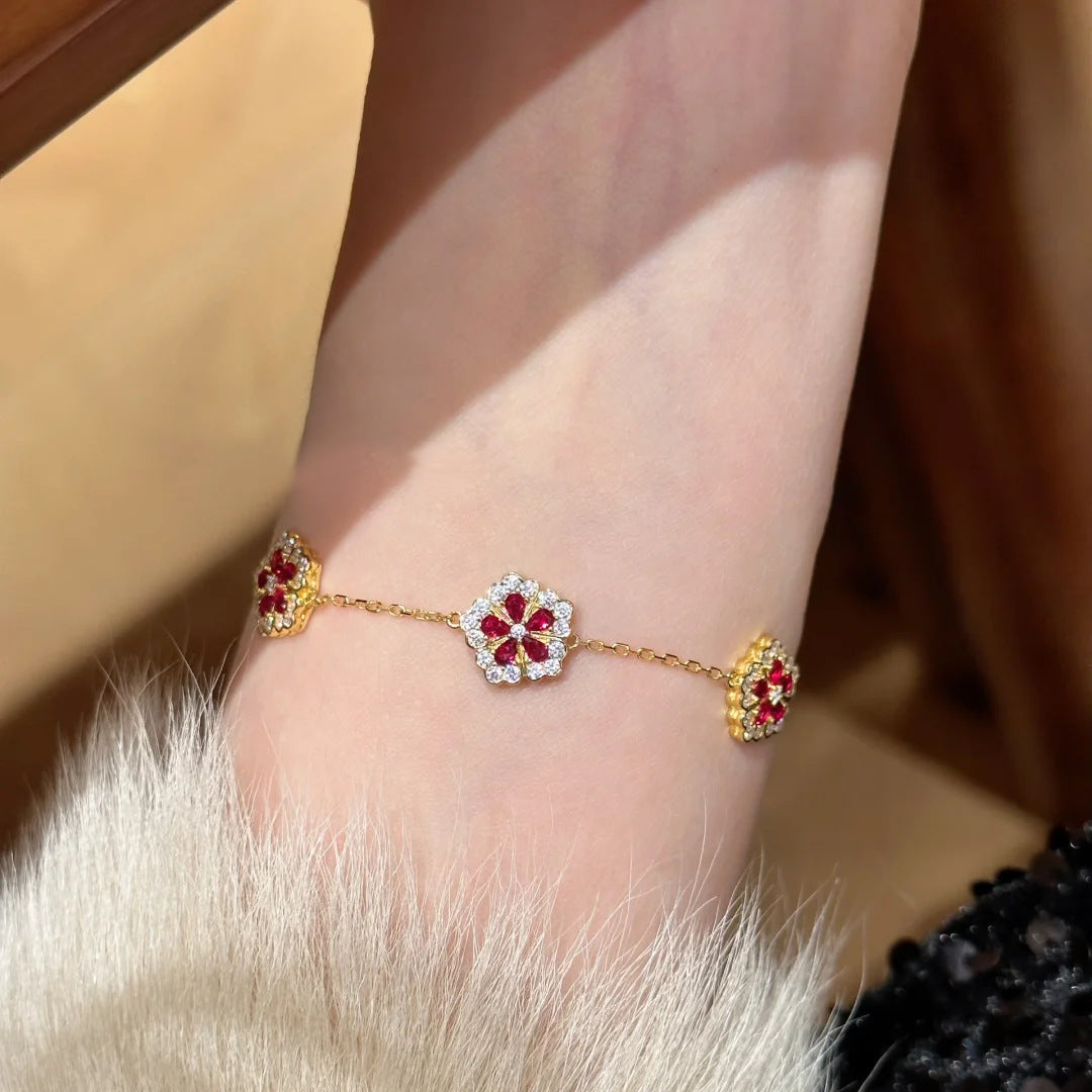 Women's Courtly Blossoms Five Petal Flower Parthenocissus Grass Chinese Red Peony Rings