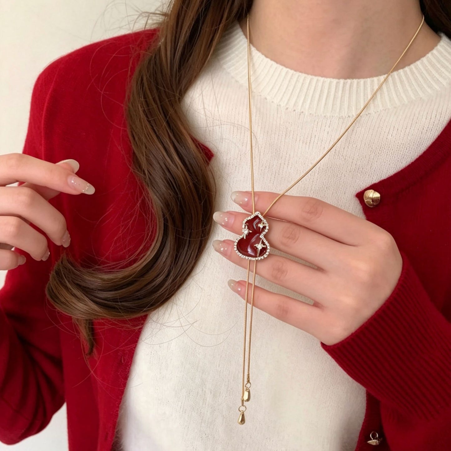 Women's Retro Pull Red Gourd Tassel High-grade Versatile Fashion Long Sweater Necklaces