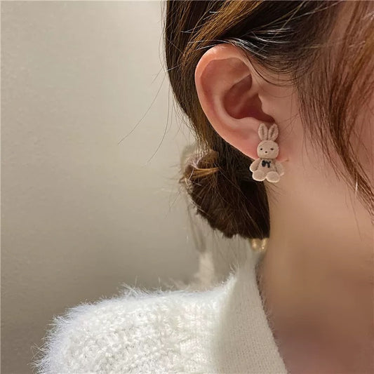 Heart Bunny Korean Flocking Cute Bear Ear Stud Earrings