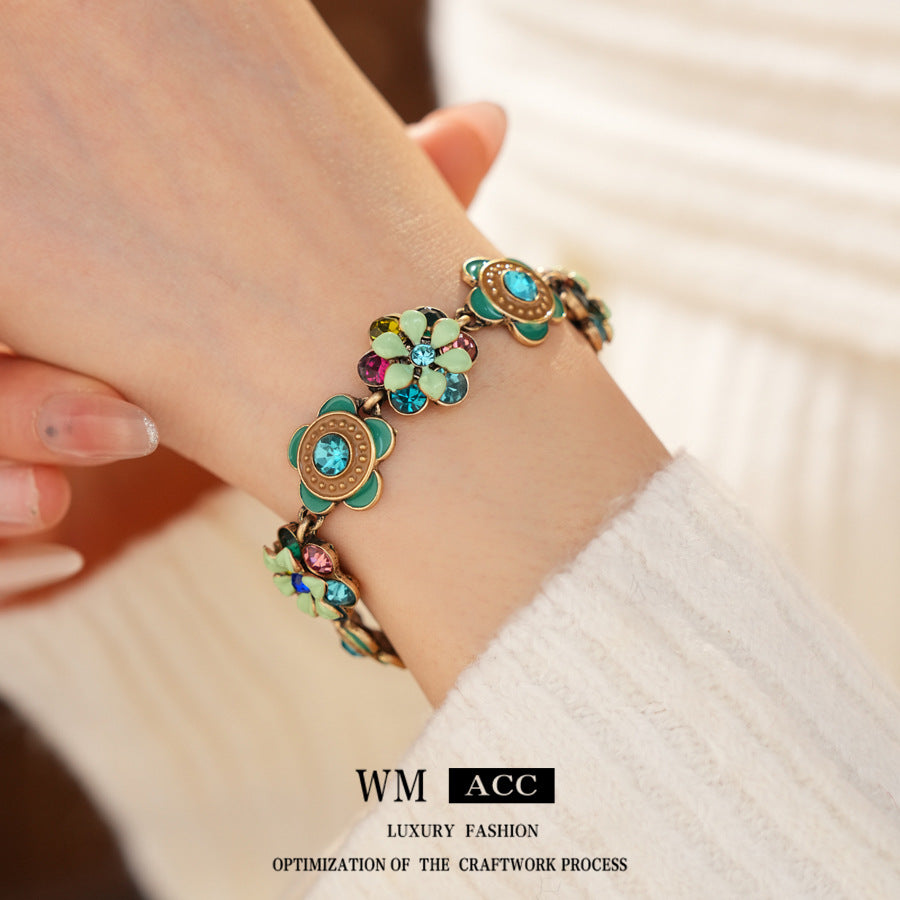 Women's Middle Ancient Diamond Glaze Flowers Light Luxury Minority Clavicle Chain Jewelry Set