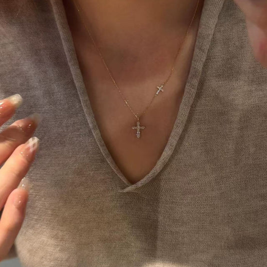 Women's Sier-plated Gold Double Cross Flash Exquisite Simple High-grade Sense Necklace