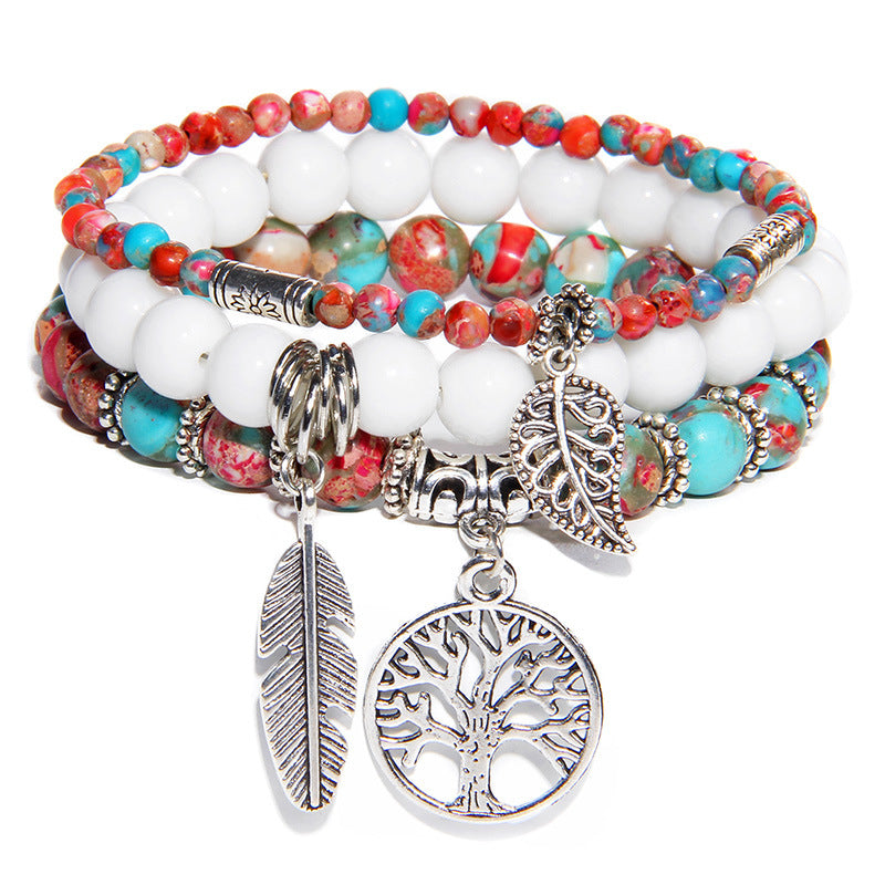 Women's Stone Bead Three-piece Tree Of Life Feather Vintage Bracelets