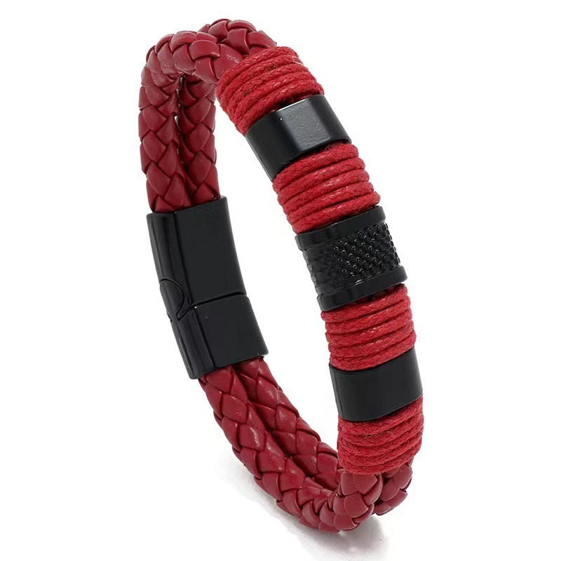 Men's Weaving Leather Stainless Steel Magnetic Buckle Bracelet