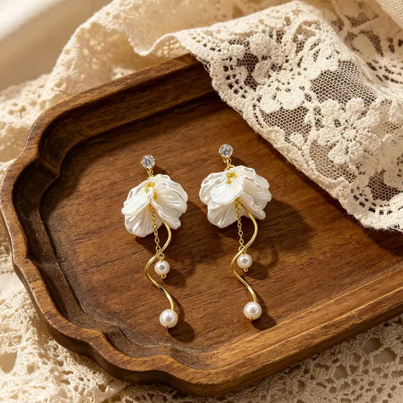 Petal Pearl Tassel Eardrops Sier Ear Earrings