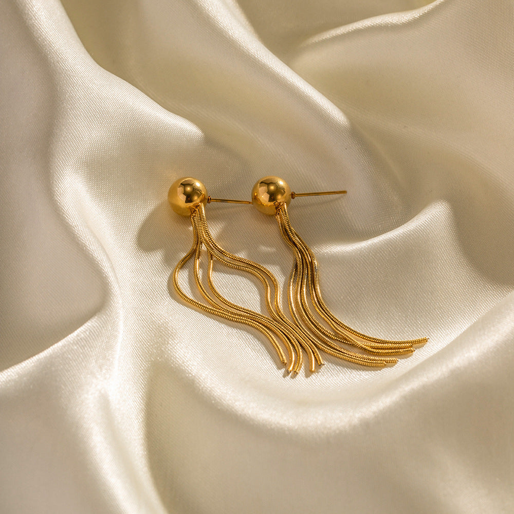 Fashion Titanium Steel Gold Stainless Beads Long Earrings