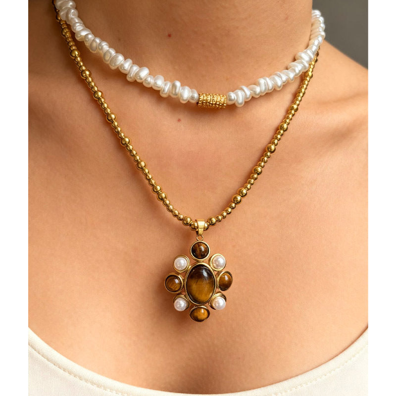 Women's Fashion Personality Design Stainless Steel Inlaid Natural Stone Flower Necklace