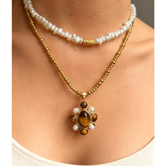 Women's Fashion Personality Design Stainless Steel Inlaid Natural Stone Flower Necklace
