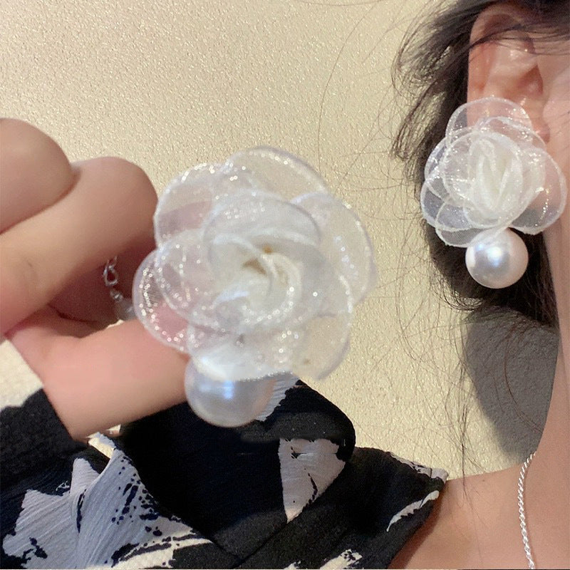 Net Yarn Flowers Tassel Fresh Sweet Earrings