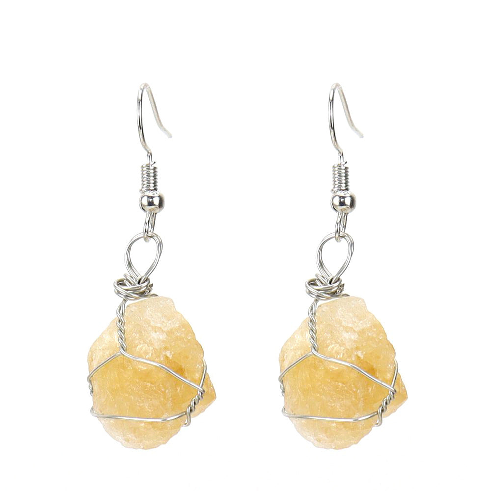 Women's Handmade Sier Winding Natural Stone Rough Crystal Agate Earrings