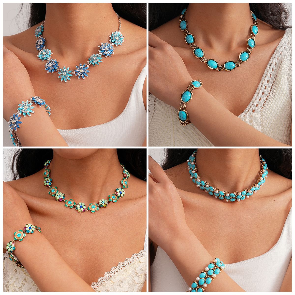 Style Turquoise Blue Diamond Flower Ear Light Luxury Minority Clavicle Necklaces