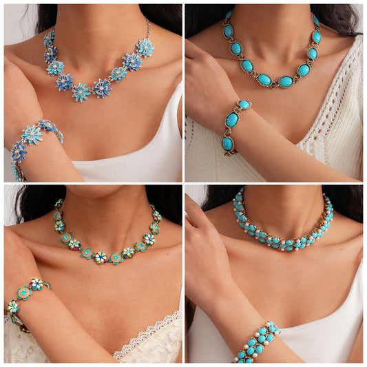 Style Turquoise Blue Diamond Flower Ear Light Luxury Minority Clavicle Necklaces