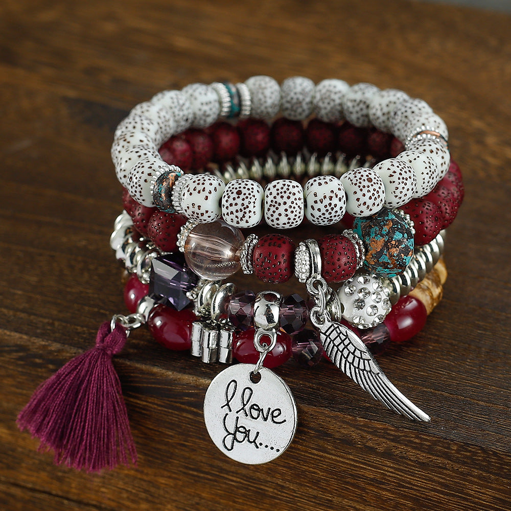 Combination Buddha Beads Simple Disc Heart Wings Tassel Bracelet