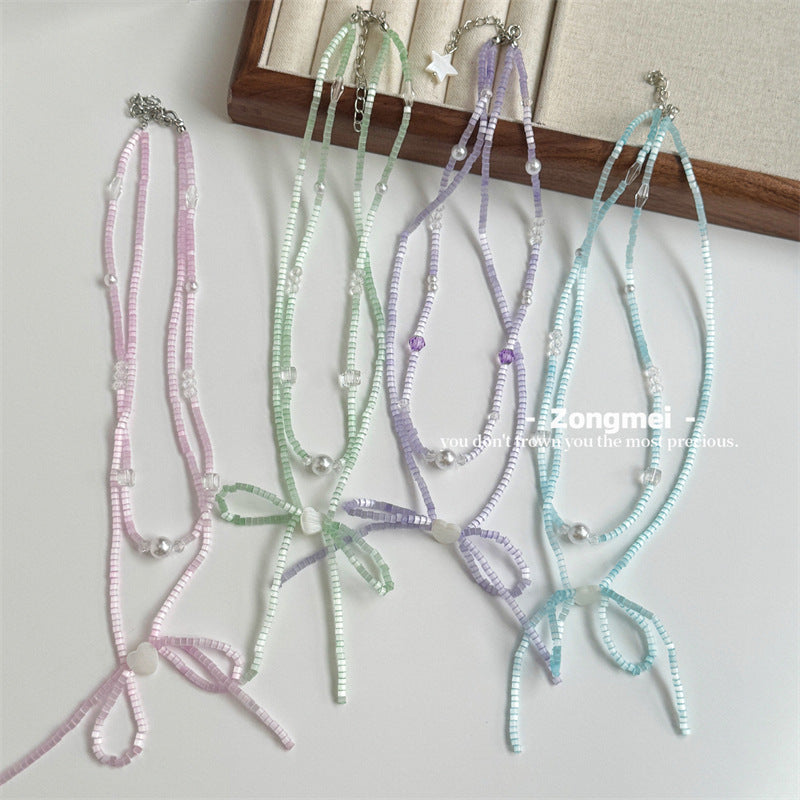 Women's Atmosphere Design Beaded Bow Love For Versatile Korean Style Cute Necklace