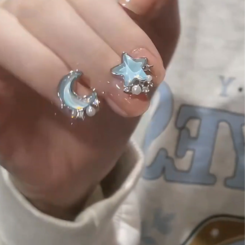 Style Fresh Blue Star Moon Ear Small Exquisite Versatile Pearl Stud Earrings