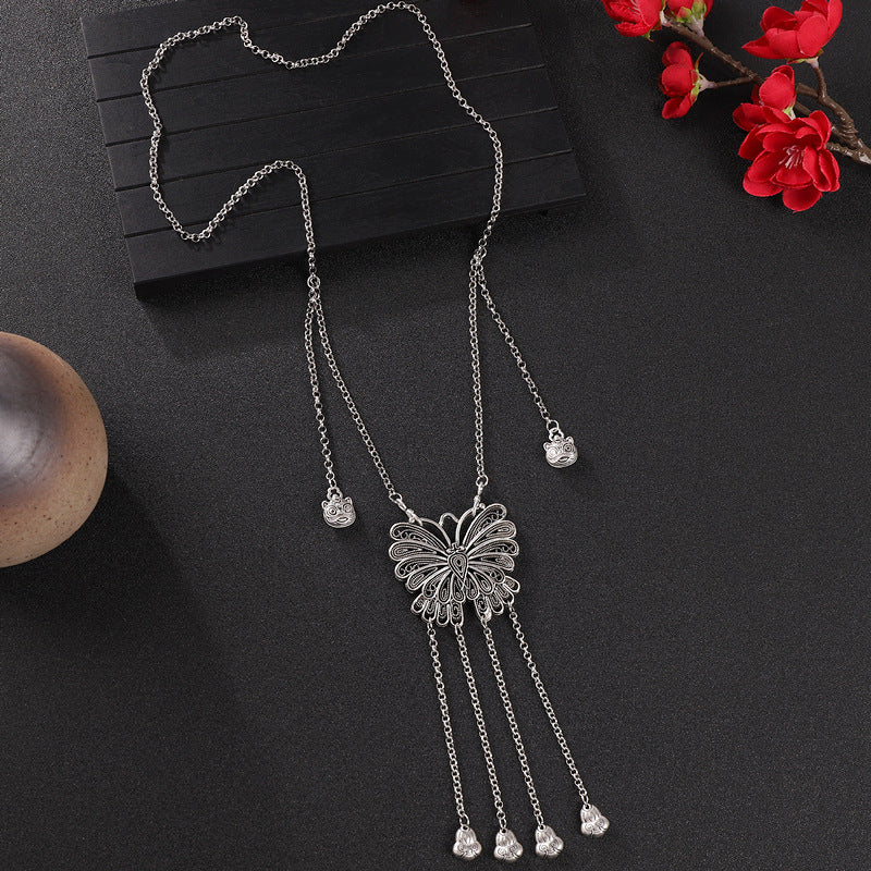 Women's Vintage Miao Longevity Lock Tassel Sweater Necklaces