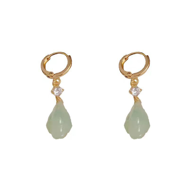 Chinese Style Green Magnolia Water Drop Tassel Antique Fashionable Stud Earrings