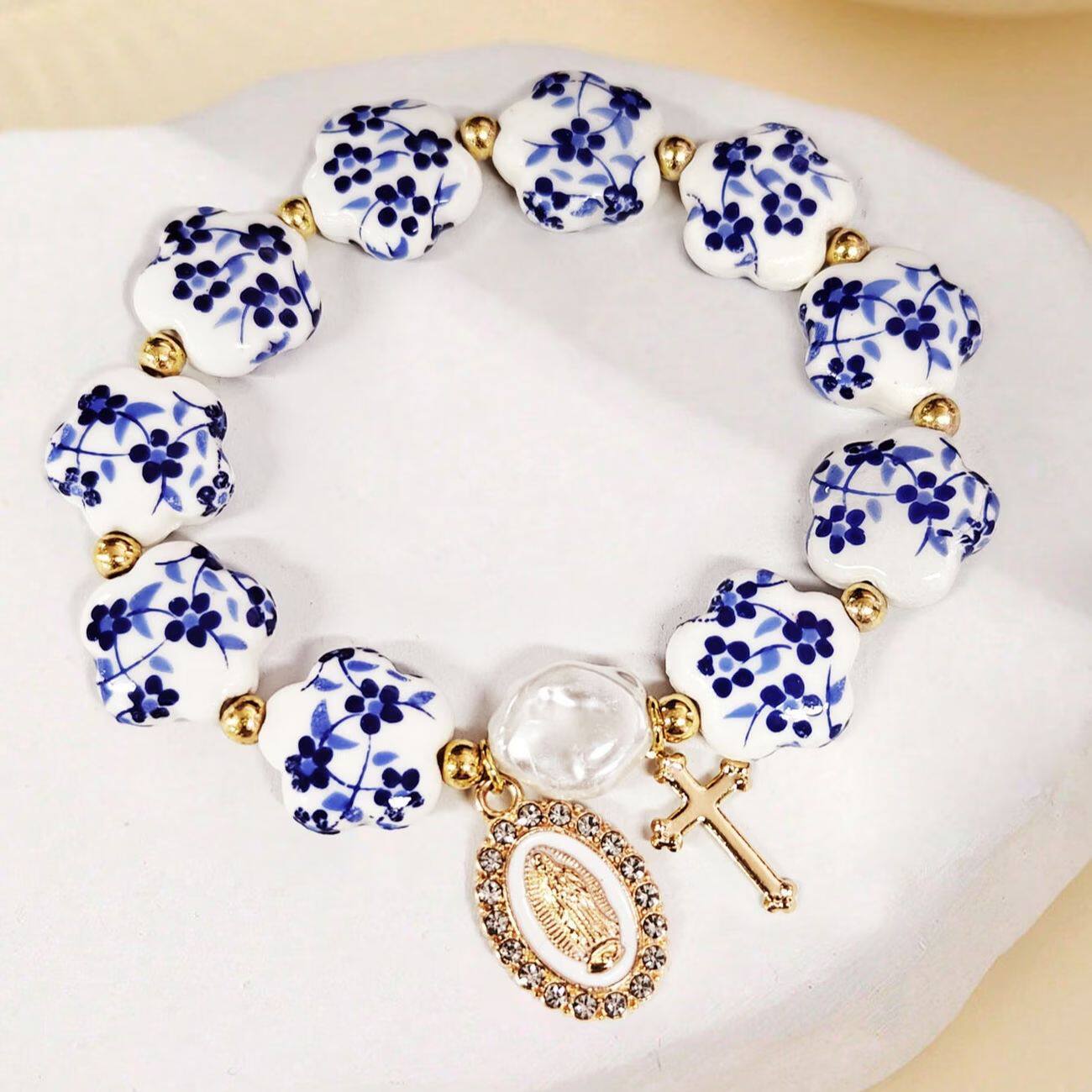 Ceramic Blue White Porcelain Cross Bow Bracelet