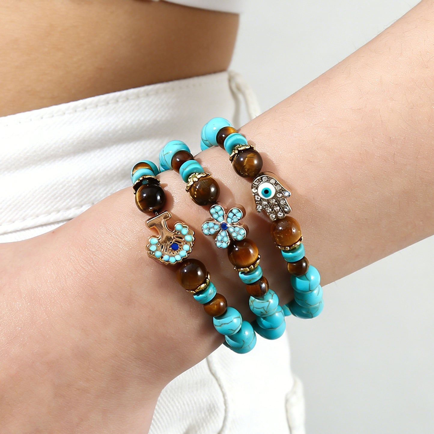 Turquoise Cross Natural Stone Beaded Vintage Bracelet