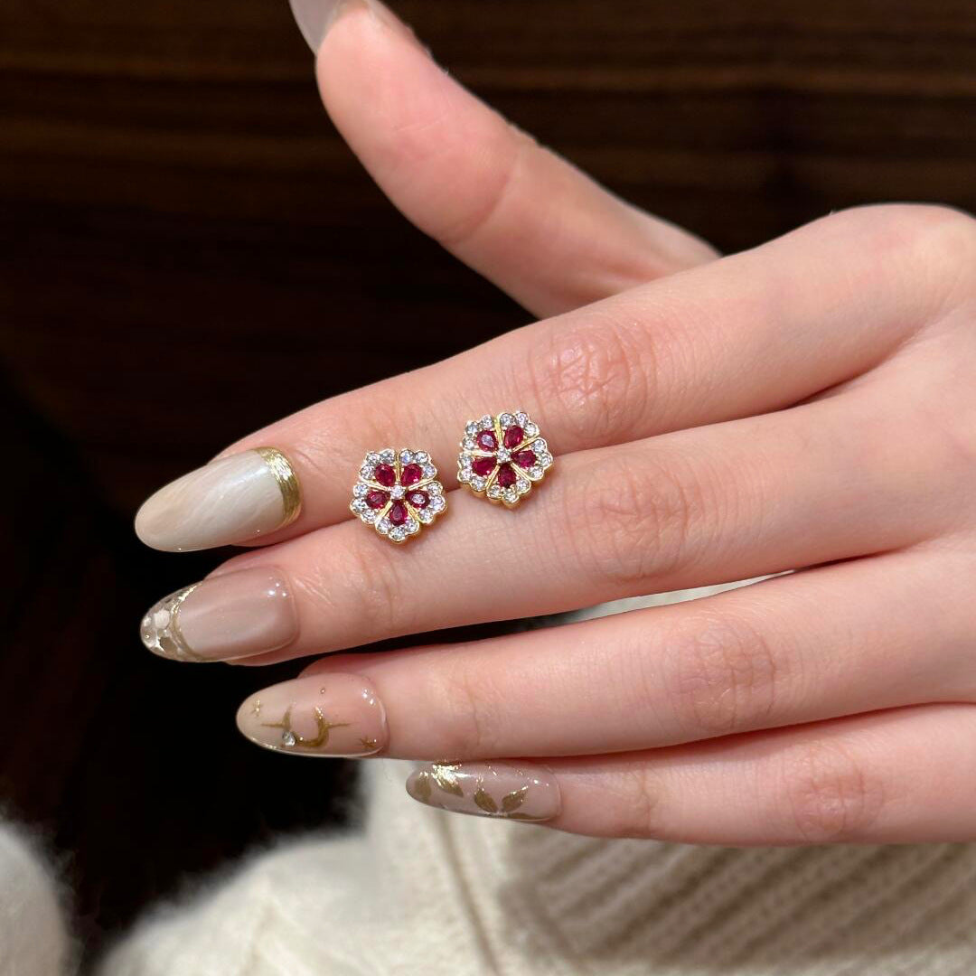 Women's Courtly Blossoms Five Petal Flower Parthenocissus Grass Chinese Red Peony Rings