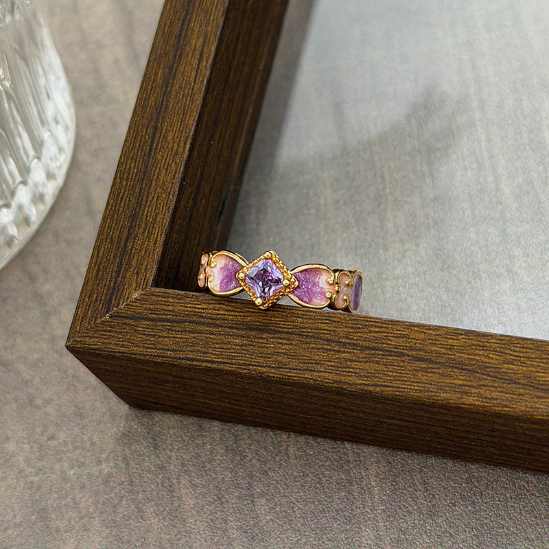 Luxury Retro Flower Auspicious Cloud Purple Enamel Open Niche Twin Rings