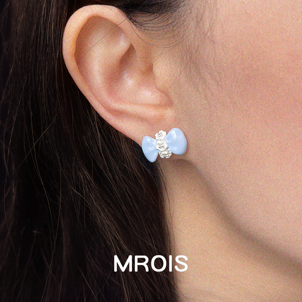 Milk Blue Drip Glazed Bow Flower Zircon Ear Earrings