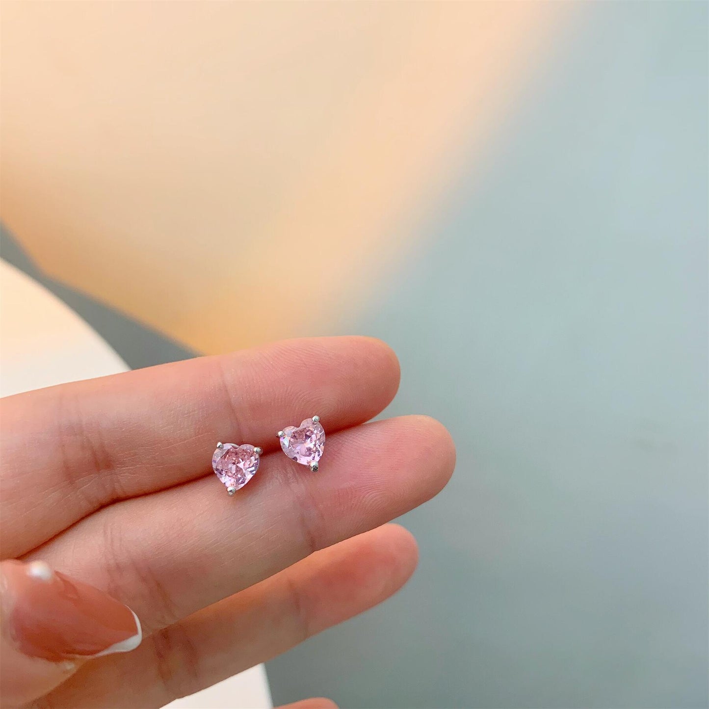 Women's Needle French Style Temperament Colored Loving Heart Zircon Earrings
